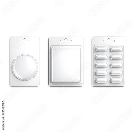 Set of realistic blister packs with pills and empty packaging isolated on transparent background