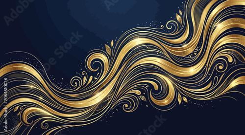Obraz na plátne Elegant golden wave pattern on dark blue background, luxury abstract flowing lin