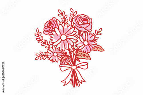 Floral bouquet illustration in a minimal line art style pink and red tones