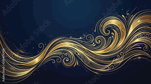 Konstfotografi Abstract golden wave design with intricate swirls on dark blue background, luxur