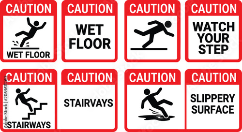 Fotografija Set of caution signs with falling person icons for wet floors, stairways, and sl