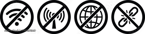 No internet connection and offline network error prohibition signs vector set featuring restricted wireless wifi tower signal globe and broken link silhouettes.