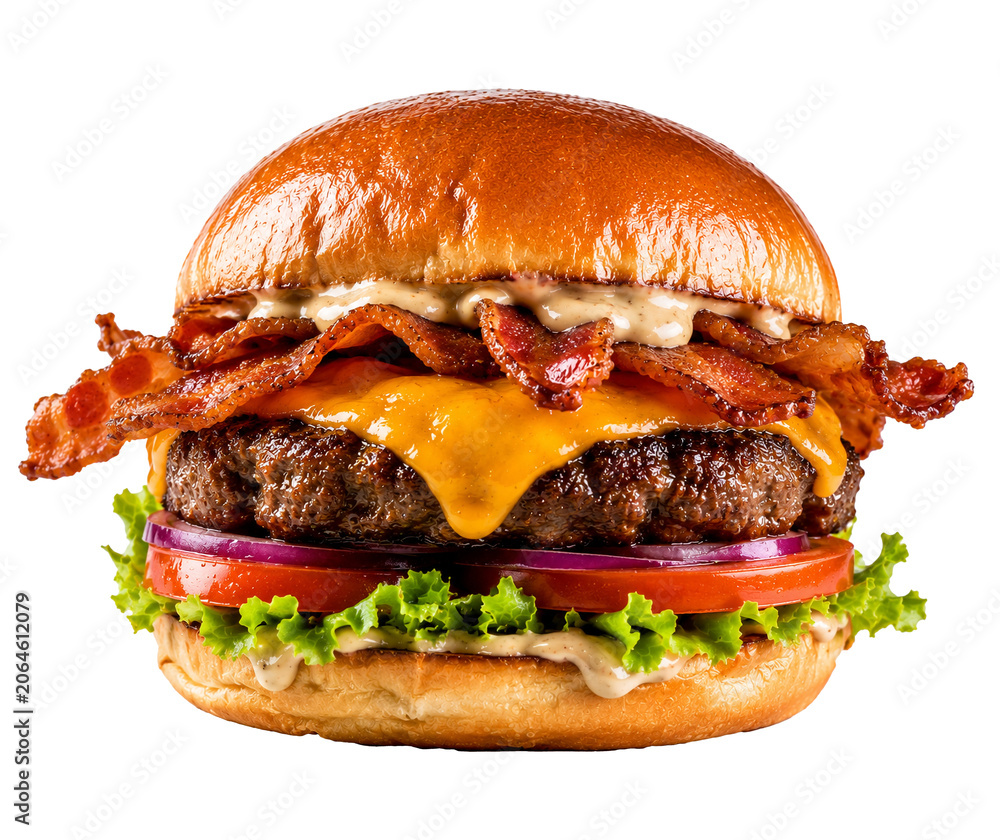 Obraz premium Gourmet beef burger with crispy bacon and melting cheese isolated on transparent background, deluxe cheeseburger PNG