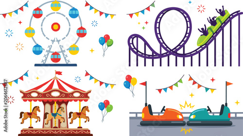 Konstfotografi Amusement Park Theme Park Rides Vector Clip Art Set with Carousel Ferris Wheel R