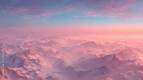 Dreamlike snow-covered mountain landscape beneath a colorful sunrise sky with soft mist and glowing light, creating a serene and majestic alpine panorama.