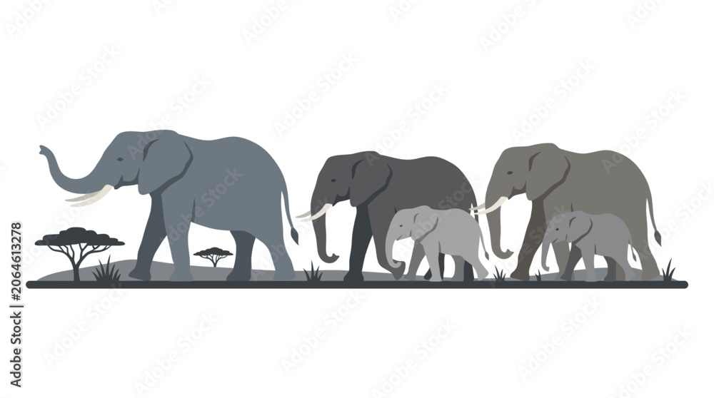 Fototapeta premium Elephant family walking through the African savanna.