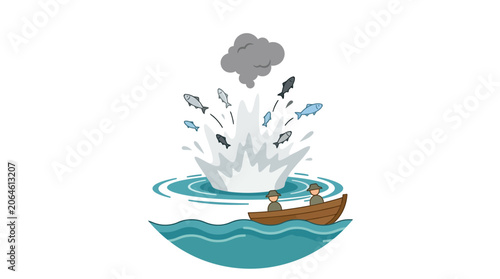 Bilde på lerret Illegal blast fishing explosion with boat and dead fish