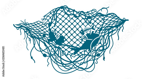 Photography Blue stylized fishing net filled with multiple caught fish.