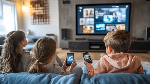 Three children sit on a couch, using phones while watching TV.