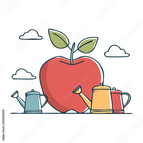 Flat Design Illustration of Apple with Watering Cans
