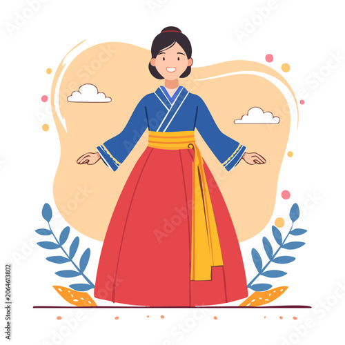 Woman in Traditional Hanbok Dress Illustration