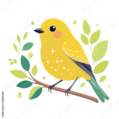 Yellow bird on branch with green leaves illustration