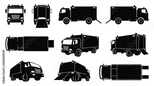 Canvastavla Garbage and Street Sweeper Truck Silhouette Set Showing Front, Side, Rear, and T