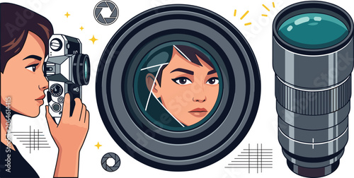 Foto Female Photographer Character Design Set with Vintage Slr Film Camera Telephoto