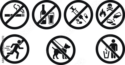 Prohibition restriction signs vector icons set featuring no smoking alcohol drugs toxic hazard running pets and littering black circle silhouette symbols.