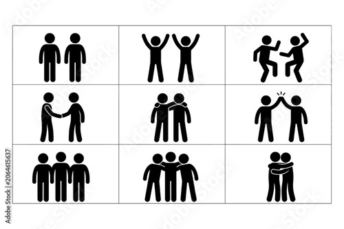 Stick figures illustrating various aspects of friendship and social connections