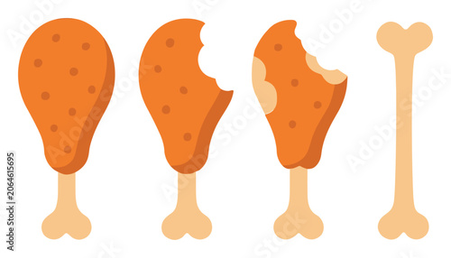 Fried chicken drumsticks showing a sequential consumption process: full, partially eaten, a well-bitten piece, and a bare bone