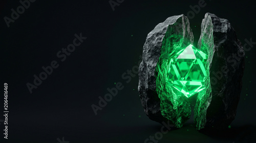 Glowing green geometric crystal inside broken rock