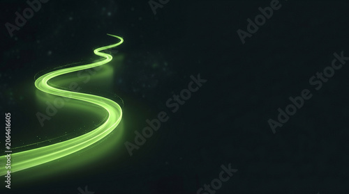 Glowing green light path on dark surface