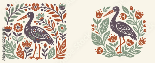 Bilde på lerret Set of minimalist flat vector illustrations featuring a stylized rustic stork wading bird surrounded by abstract botanical foliage and flowers in a modern folk art linocut style