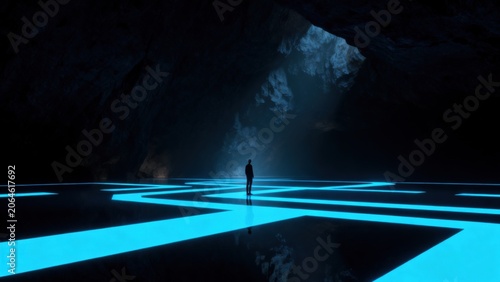 Person standing in glowing cave