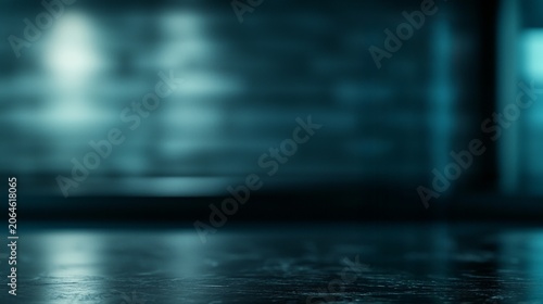 Empty dark table with blurred blue neon light background for product display