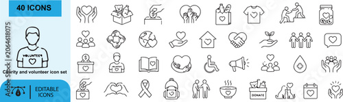 Quadro su tela Charity and volunteer icons Each icon will be different, create a vector outline icons using white background and black color