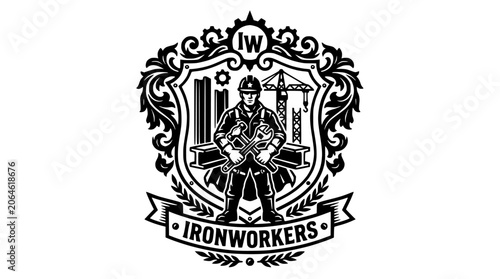Φωτογραφία Ironworkers union crest with construction worker and tools.