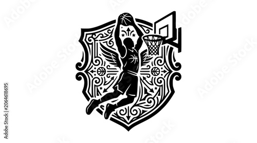 Εκτύπωση καμβά Basketball player dunking within an ornate shield emblem