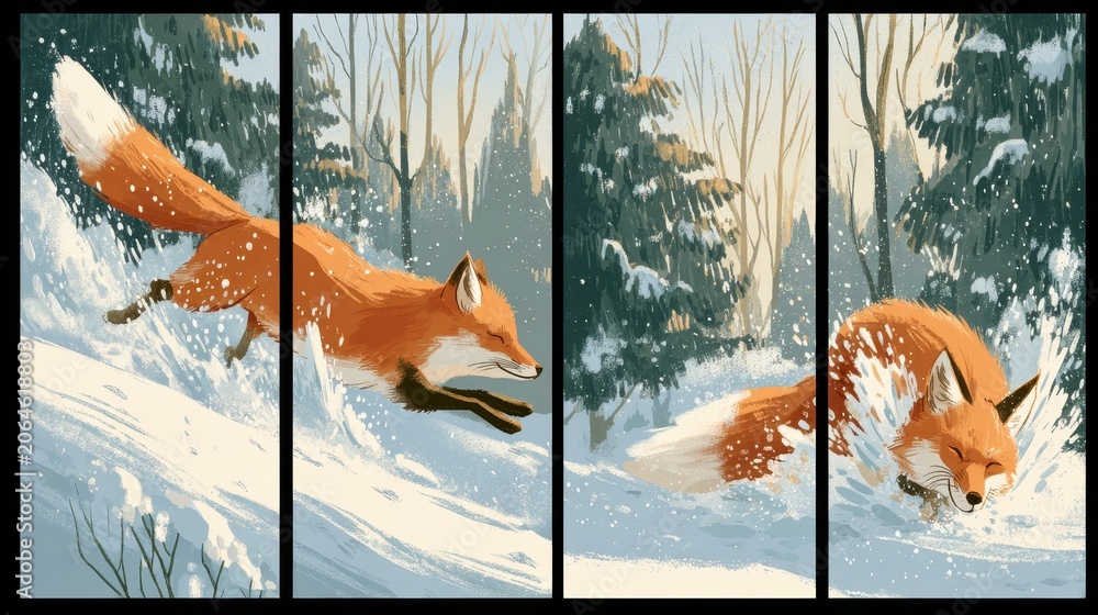 Fototapeta premium Dynamic multi-panel illustration of a fox jumping and diving into snow in a winter forest