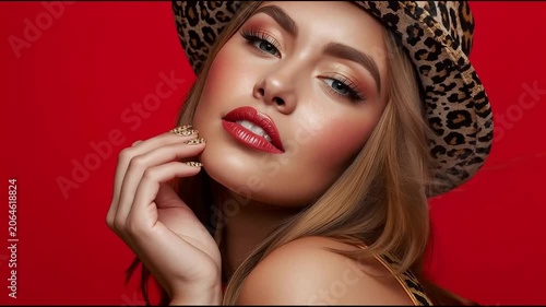 Close-up of model girl's face, leopard print on dark background, slow motion.
