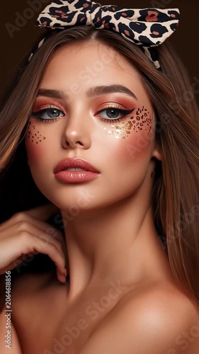 Close-up of model girl's face, leopard print on red background, slow motion.