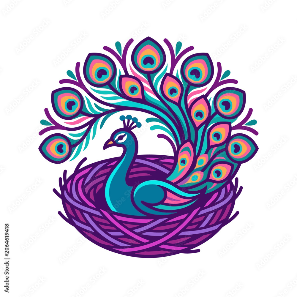 Fototapeta premium Decorative peacock illustration sitting in a woven purple nest.