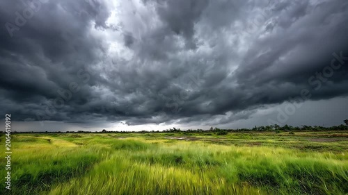 Dramatic dark storm clouds rolling over green grassland