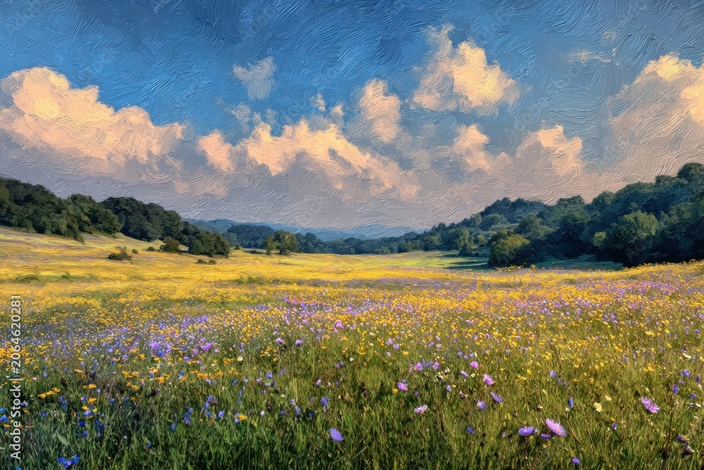 Obraz premium Vibrant meadow landscape painting