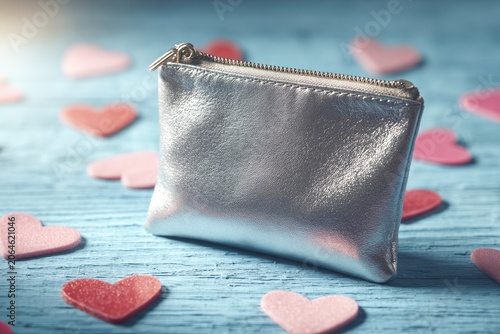 Product shot: small silver pouch and hearts on cool blue backdrop