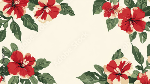 Tropical floral frame with hibiscus flower and palm leaf on a soft pastel background, featuring elegant botanical illustration and copy space for summer design.