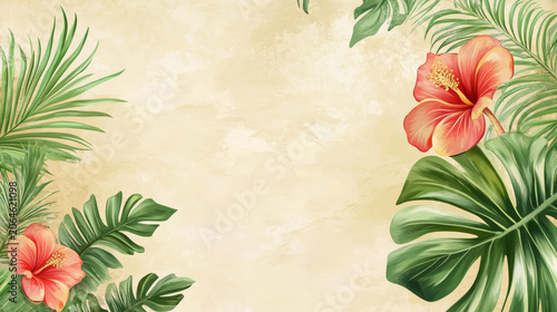 Tropical floral frame with hibiscus flower and palm leaf on a soft pastel background, featuring elegant botanical illustration and copy space for summer design.