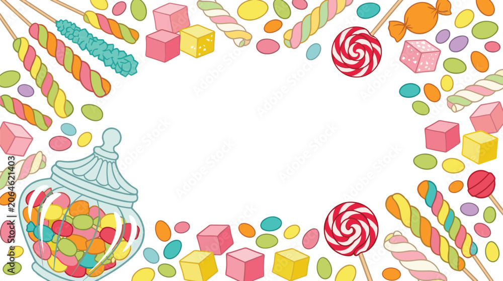 Fototapeta premium Colorful candy border frame featuring lollipops jelly beans sweets and confectionery decorations on white background