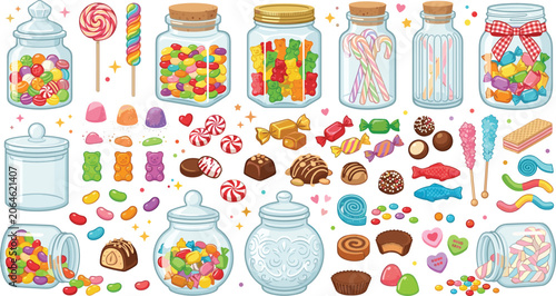 Candy jar collection featuring colorful sweets lollipops jelly beans chocolates and confectionery treats vector set
