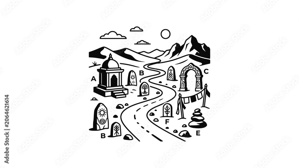 Naklejka premium Mysterious Journey Path with Ancient Symbols, Archway, and Mountains