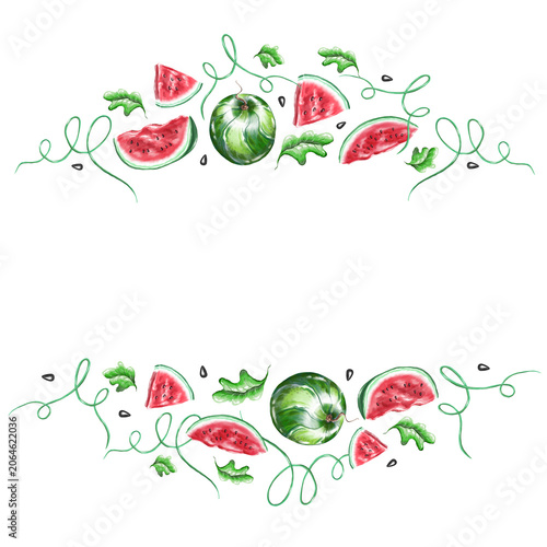 Watercolor watermelon frame. Hand drawn 