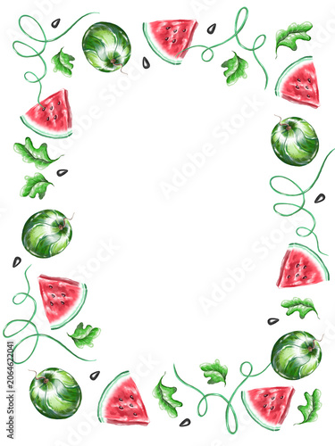 Watercolor watermelon frame. Hand drawn 