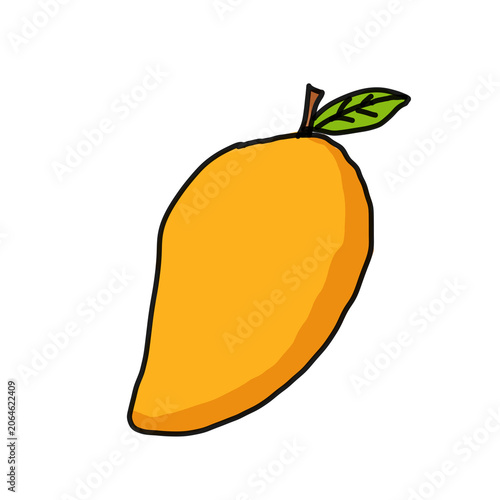 A vibrant yellow mango fruit with a small green leaf displays a playful cartoonish artistic style perfect for various creative culinary projects involving healthy tropical snacks and fresh daily