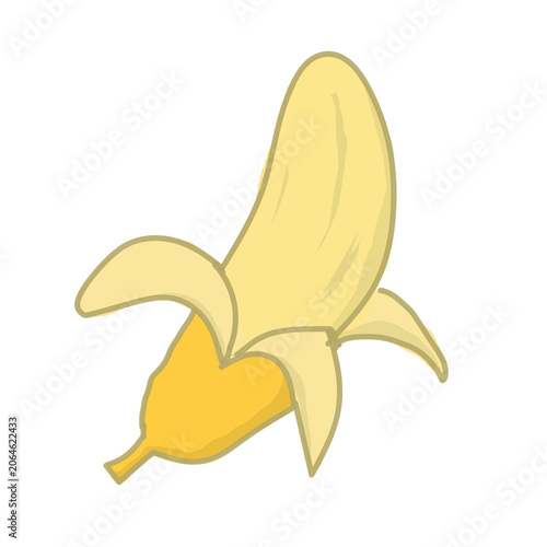 A single peeled yellow banana shows the sweet tropical fruit interior ready for healthy snacking as a nutritious food source for children and adults who enjoy eating organic natural produce
