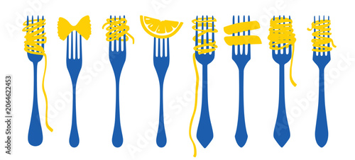 Twirling pasta on fork vector illustration. Italian spaghetti noodles wrapped around vintage utensil in hand-drawn sketch style. Perfect for food poster, menu design concept