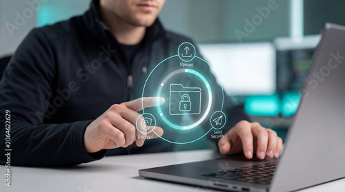 Security analyst using virtual cybersecurity interface to encrypt, upload and securely exchange protected business documents on laptop in modern workplace - Hand touching folder with padlock icon