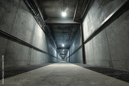Industrial elevator shaft interior with steel beams, cables, and dim lighting
