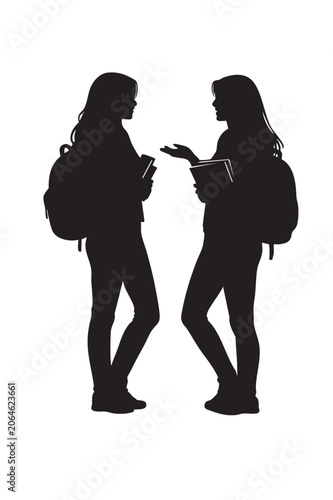 Black silhouette of two female students standing and talking with backpacks students education backpacks conversation learning silhouette academic university