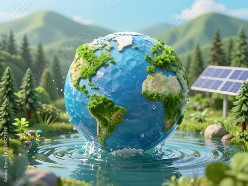 Earth Globe Emerges from Water with Solar Panel in Eco-Friendly Forest Landscape